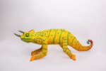 Jackson, the three species chameleon. Post-use material, air hardening clay and glass beads.