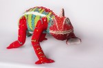 Panther chameleon. Post-use material, air hardening clay and glass beads.