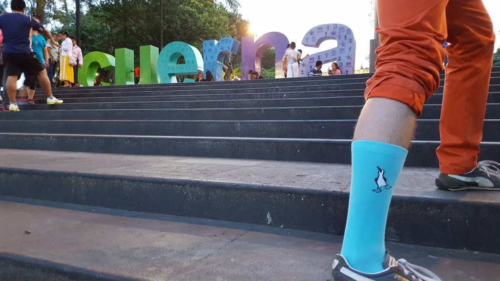 Davit Nava in his blue-footed booby socks, downtown Cuernavaca, Mexico.