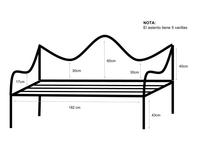 Measurements of the cast iron bench between the two trees.